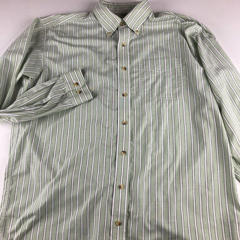 LL Bean Shirt Mens Large Tall Green Striped Button Down Long Sleeve Cotton